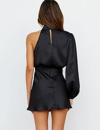 KOUNAI Women Satin One Shoulder Long Sleeve High Neck Cocktail Mini Dress