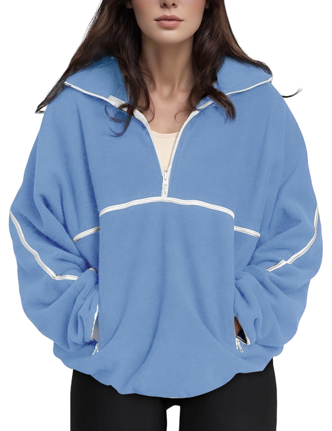 Women's Oversized Sweatshirt Quarter Zip Fleece Pullover Casual Long Sleeve Loose Fall Fuzzy Tops Jacket Pockets-image-43