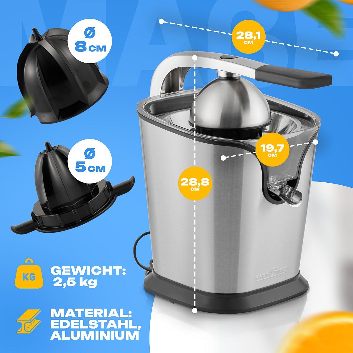 Profi Cook PC-ZP 1154 - Wyciskarka do cytrusów - 2 stożki soku - Funkcja zapobiegająca kapaniu - 160 W - Kolor srebrny