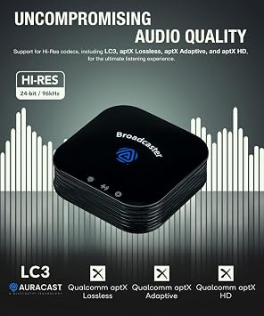 BA210 v2 Auracast Bluetooth Transmitter, LC3, AptX Lossless, AptX HD, Optical & 3.5mm Inputs, Compatible with Galaxy Buds 2 Pro, Buds 3, JY300 JM320, Hearing Aids and Bluetooth Headphones