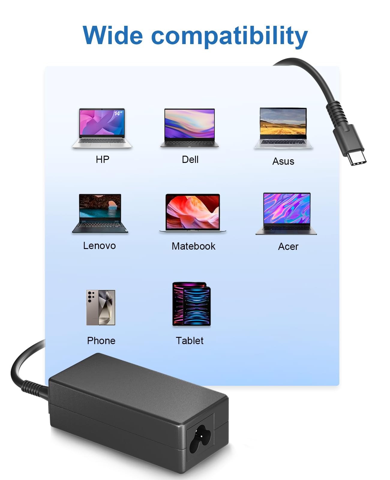 ANTWELON 65W USB-C Laptopvoeding – 20V 3,25A – Compatibel Met Lenovo, HP, Dell, Acer, Asus En Meer – Met Type-C Kabel
