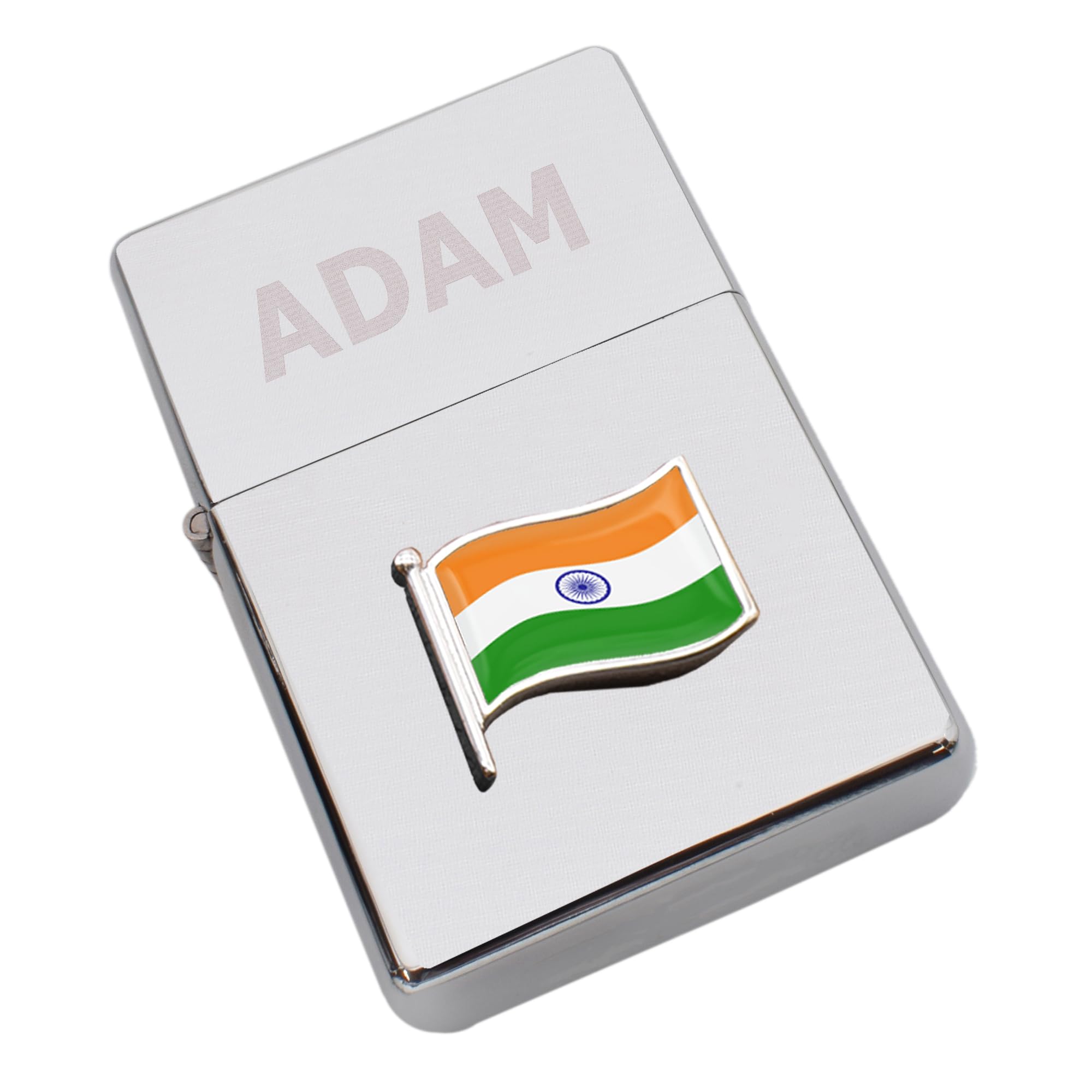 India Design Wave Flag Lighter Personalised with a Name or Initials, Chrome Finish, Presented in Box