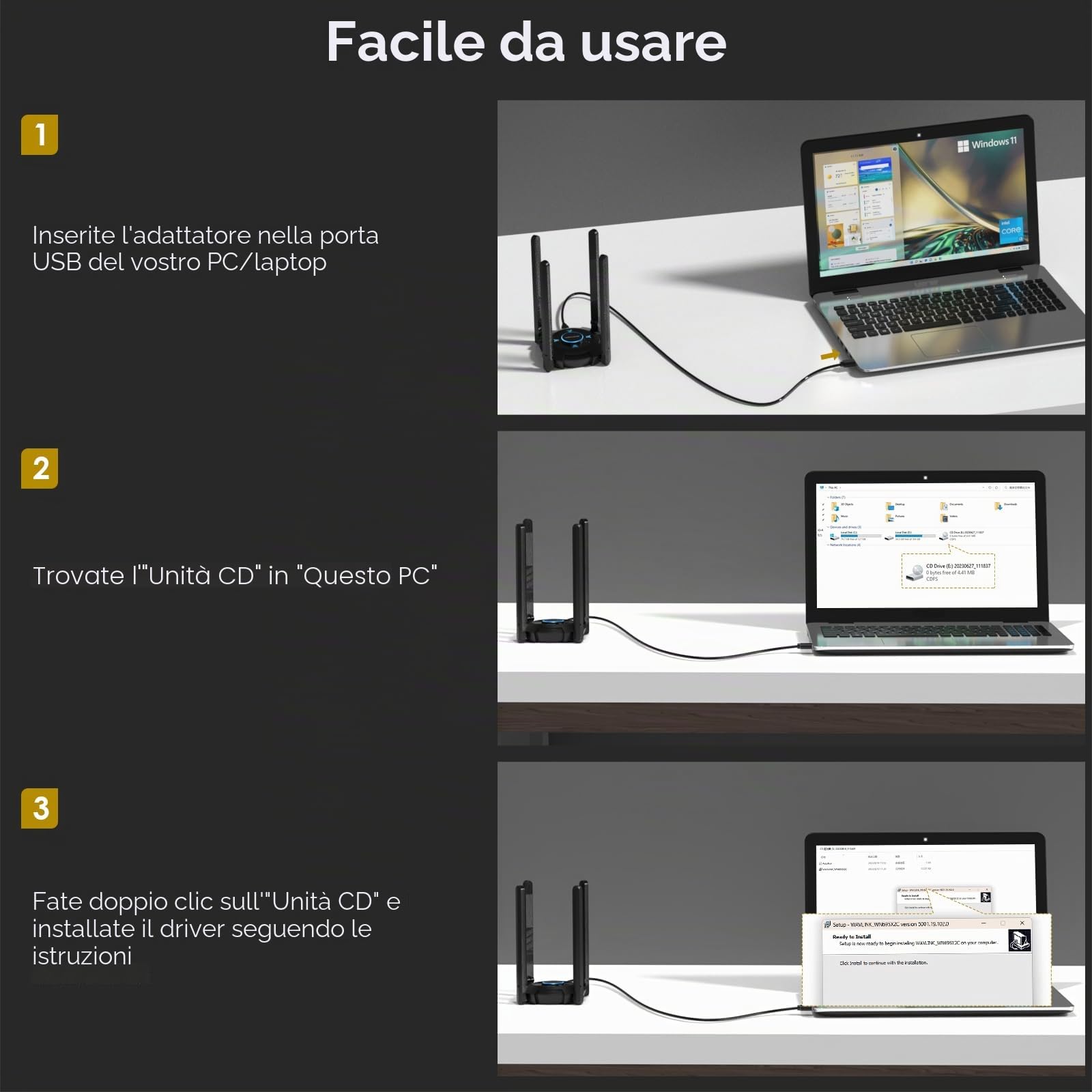 WAVLINK Adattatore WiFi 6E Potente AX5400, Scheda di Rete Wireless con 2,4/5/6GHz, Driver Integrato, 4 Antenne da 5dBi, Windows 11/10