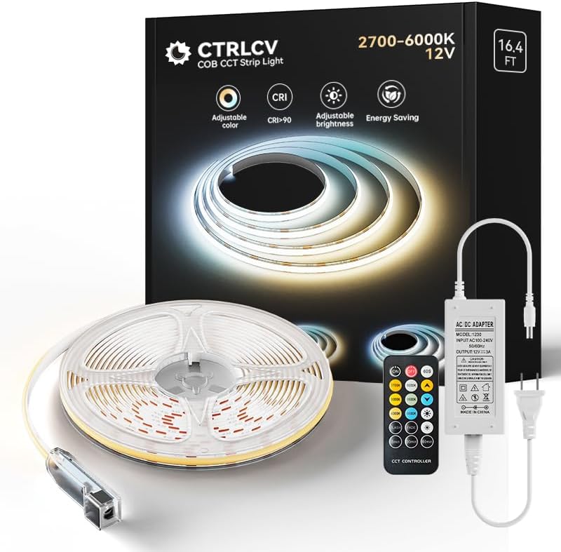 Miniatura 1 de CtrlCV Kit de tira de luces LED COB sintonizable, luz de cinta regulable 2700K-6500K con adaptador remoto IR, cuerda flexible, cinta LED para