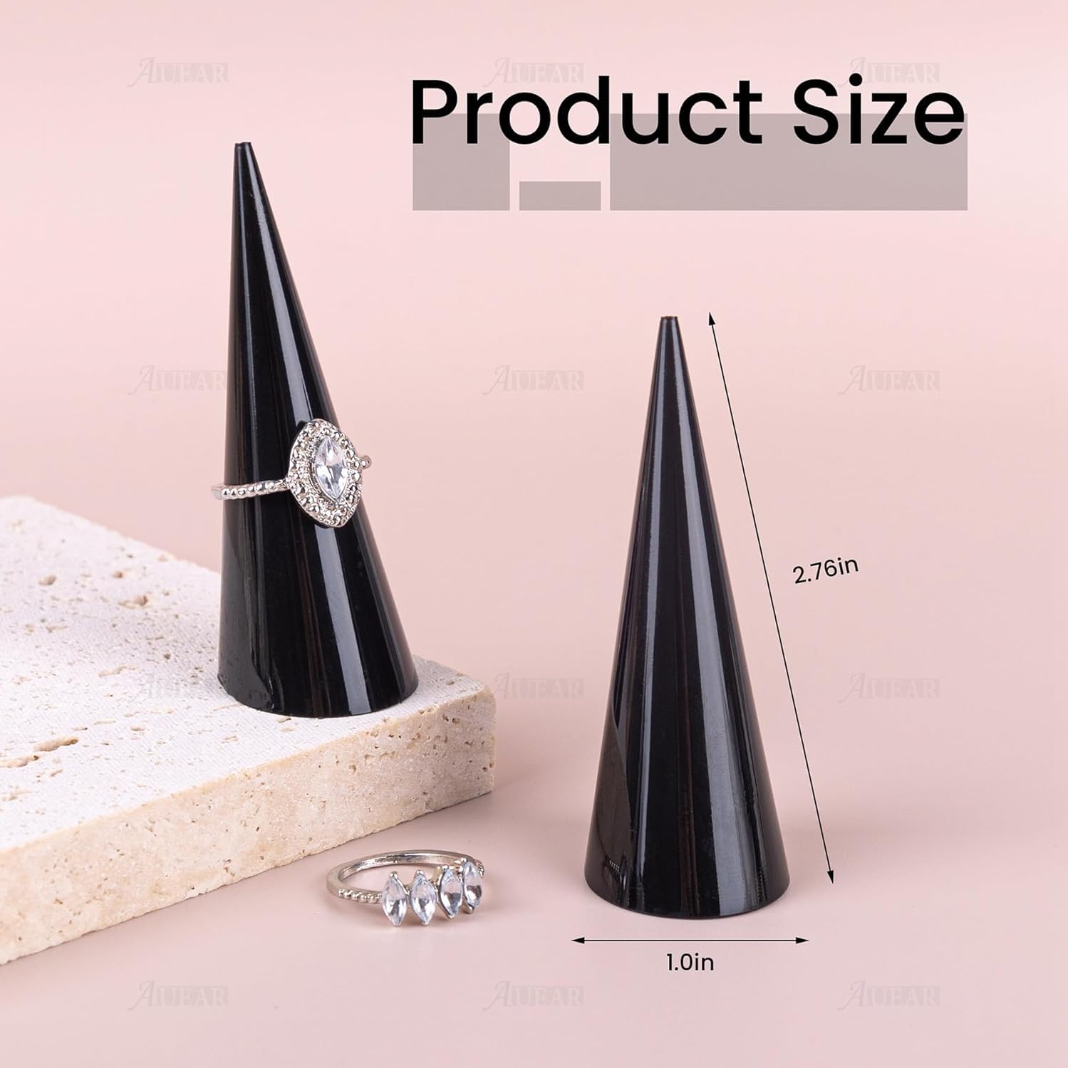 AUEAR, 6 Pack Cone Shape Acrylic for Jewelry Showcase Display Stand (Clear & Black White)