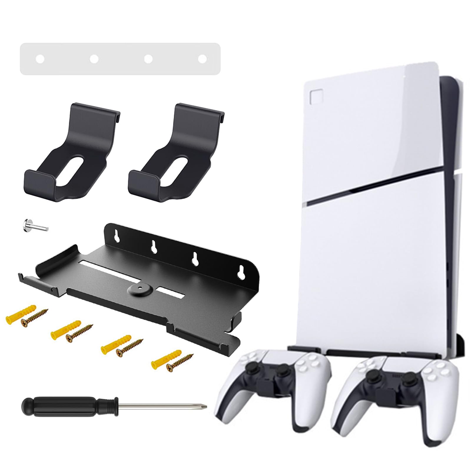 Supporto a Parete per PlayStation 5 Slim con Supporto Rimovibile per Controller, PS5 Muro (Ottica e Digitale), Nero