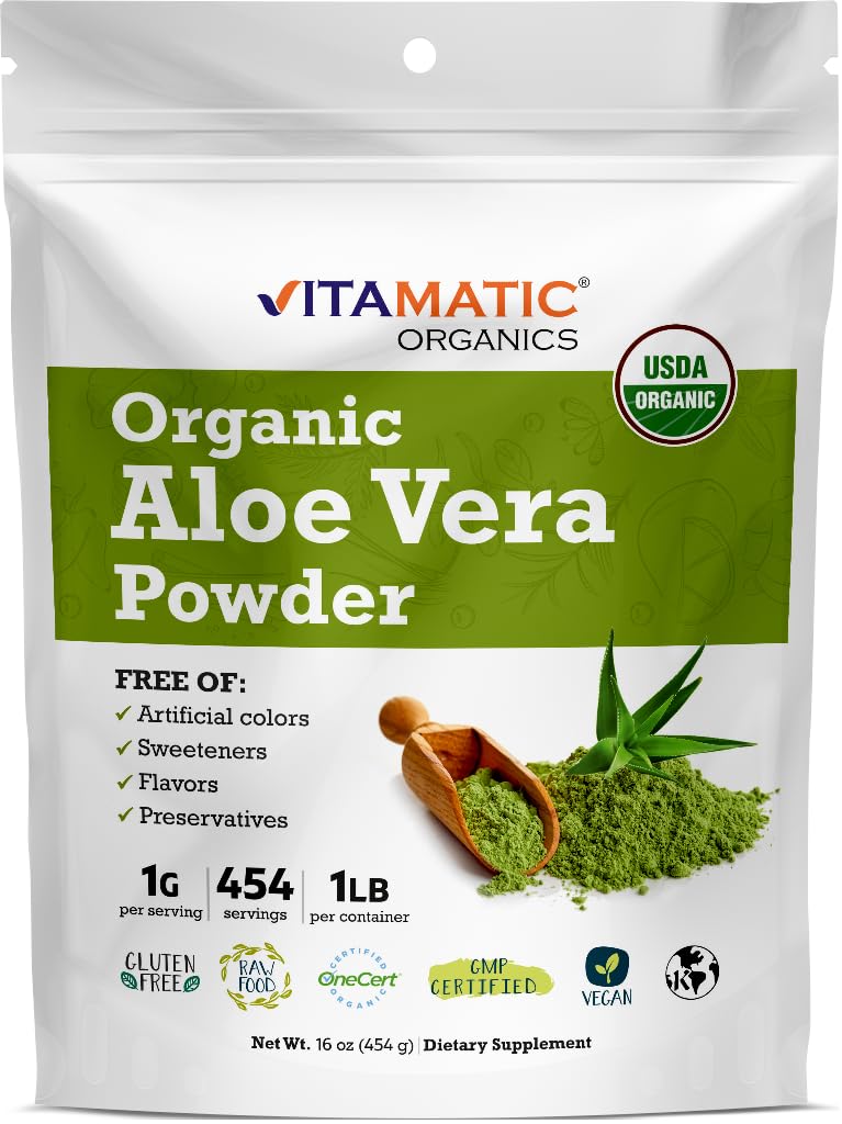 Vitamatic Certified USDA Organic Aloe Vera Powder – 1 lb (16 oz) Supports Skin, Digestion, Detox & Immune Health | Non-GMO, Gluten-Free, Kosher