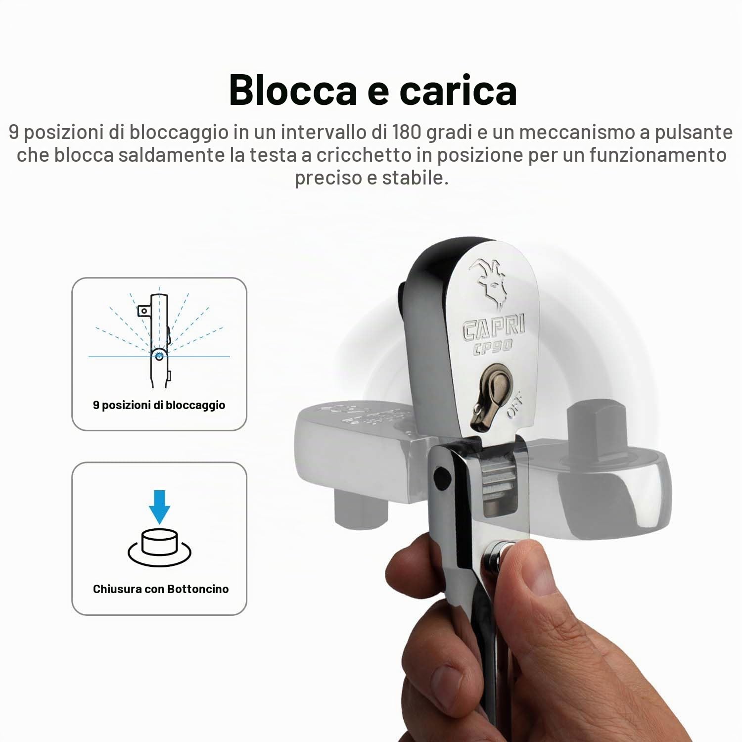 Capri Tools Set di 3 chiavi a cricchetto con testa flessibile a 90 denti, impugnatura extra lunga cromata, attacco da 1/4, 3/8, 1/2"
