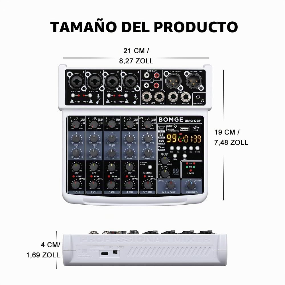 BOMGE Consola mezcladora de sonido mini DJ de 6 canales con interfaz USB, Bluetooth, grabación estéreo, alimentación fantasma de 48 V, 24 efectos DSP para karaoke, canto, en vivo, transmisión,