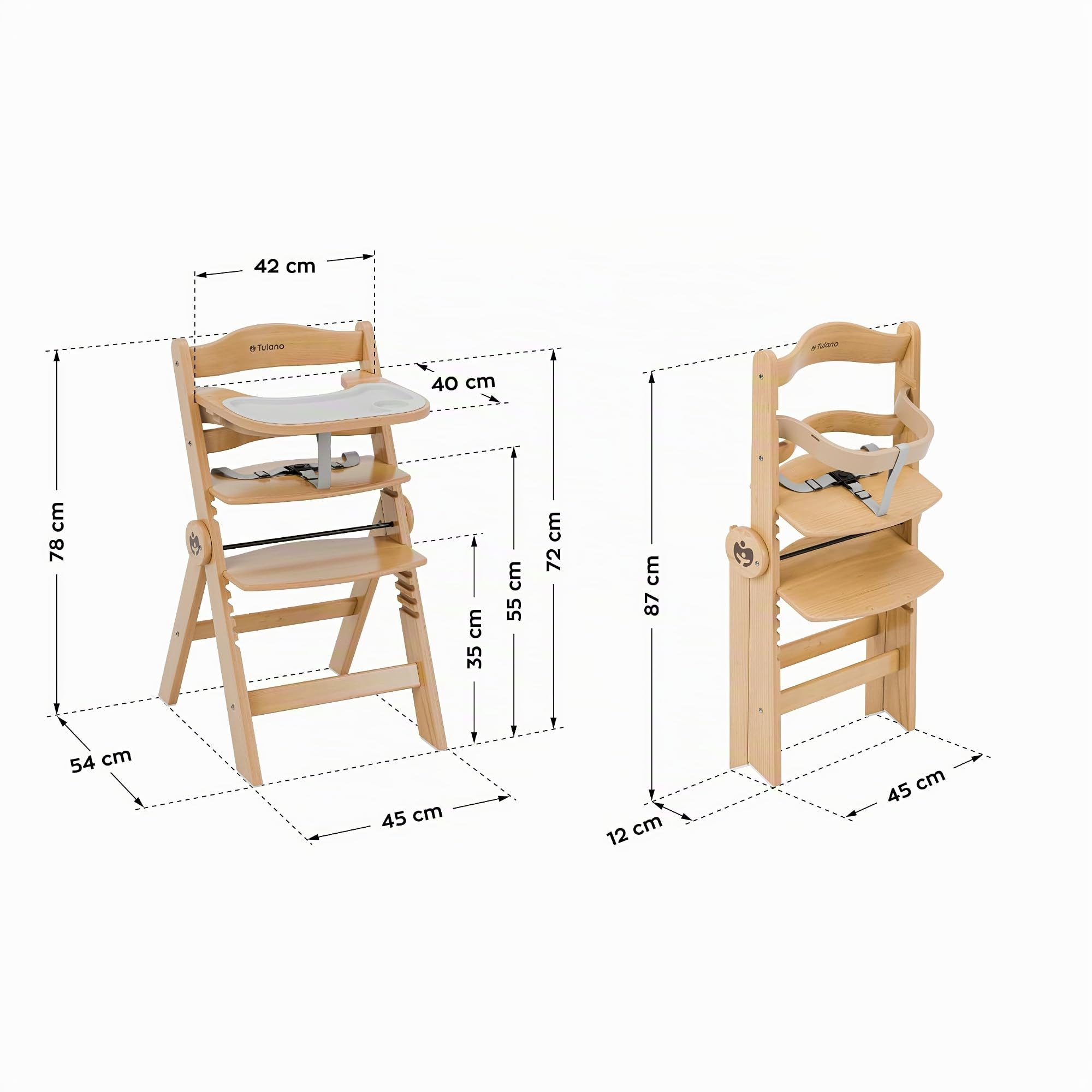 TULANO Morsel 45 Kinderhochstuhl 4in1 aus Holz, Mitwachsend & Verstellbar | von 6 Monaten bis 12 Jahren, Faltbarer Kombihochstuhl mit 3-Punkt-Gurt, Schutzbügel, Essbrett, Belastbar bis 40 kg, Natural