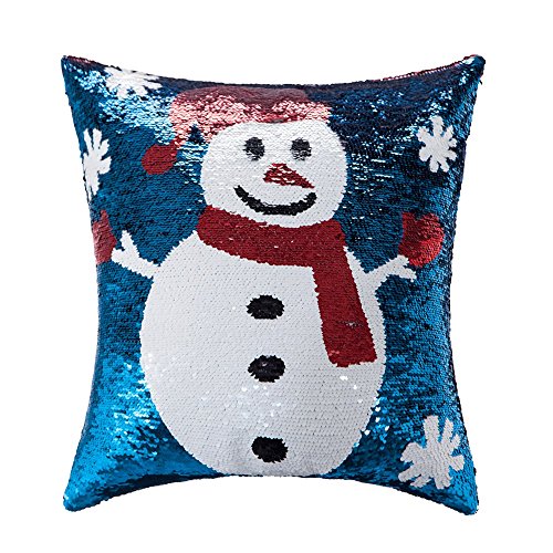 Homecy Reversible Sequins Pillow Cover Christmas Snowman Patten Mermaid Throw Cushion 16x16 Inch