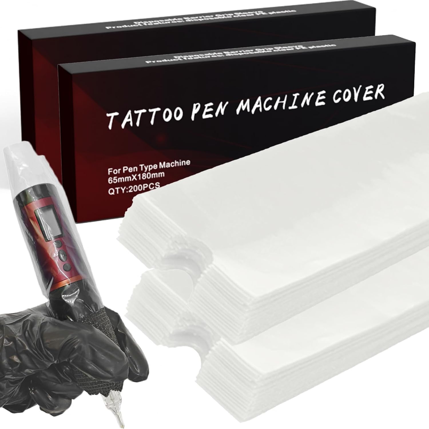 Yugui Large Tattoo Machine Pen Covers Bags - Disposable Tattoo Gun Sleeves 2.4x7" Plastic Grip Bags for Tattoo Pen Machine Supplies 400pcs, Clear