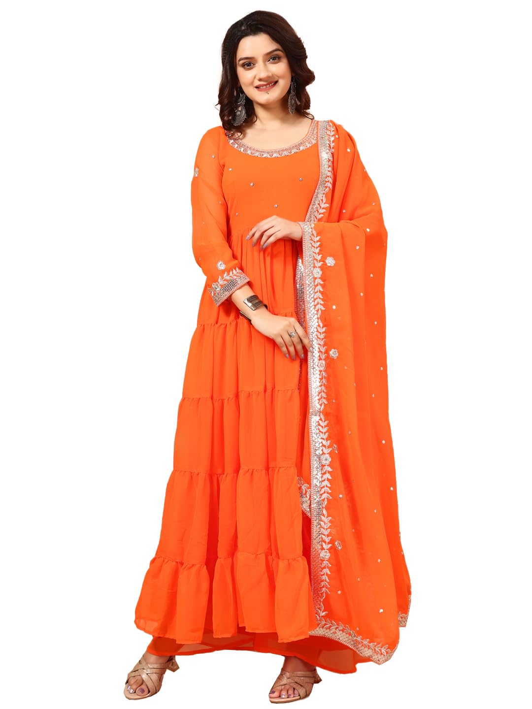 Fashion Basket Georgette Embroidered Anarkali Kurta For Womens (In, Alpha, 2Xl, Regular, Orange)