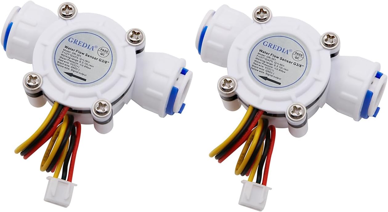 GREDIA 3/8" Quick Connect Water Flow Sensor Food-grade Switch Hall Effect Flowmeter Fluid Meter Counter 0.3-10L/min (Pack of 2）