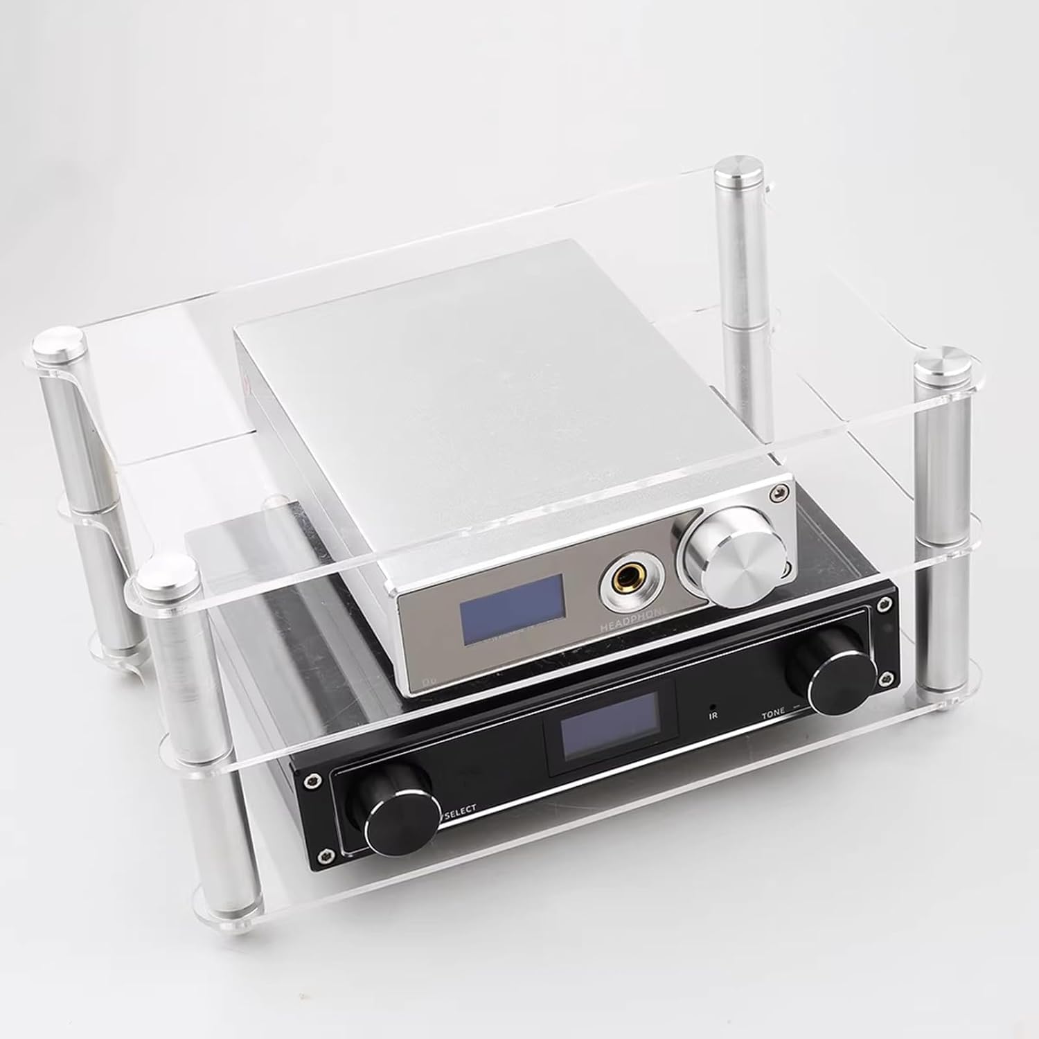 Soporte de audio HIFI de 2 capas para escritorio, soportes de aluminio con panel acrílico, para mini componentes, Dac, amplificador, amplificador