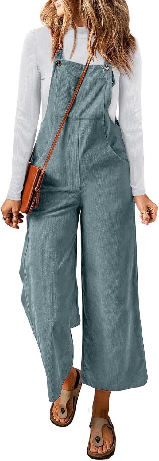 Happy Sailed Women Corduroy Overalls Winter Fall Casual Loose Sleeveless Adjustable Strap Wide Leg Jumpsuits with Pockets