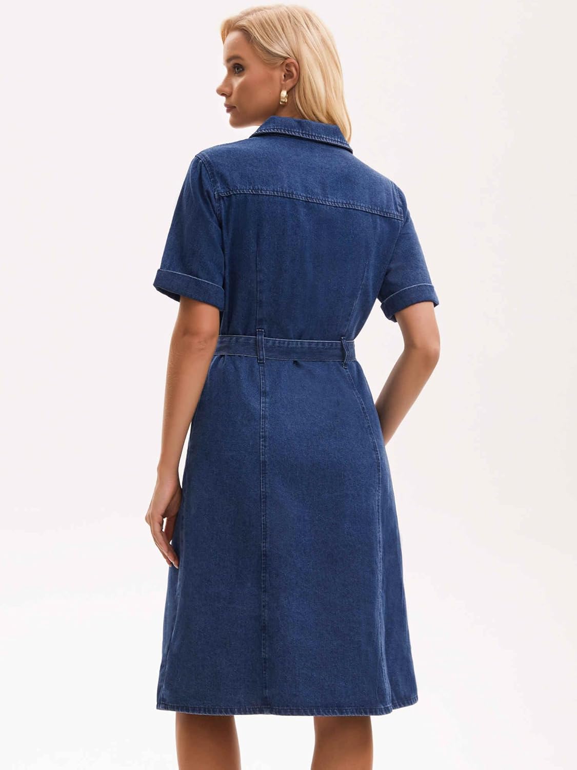 Women's Denim Dress Button Down Short Sleeve Belted Casual Jean Shirt Dresses - Image 5