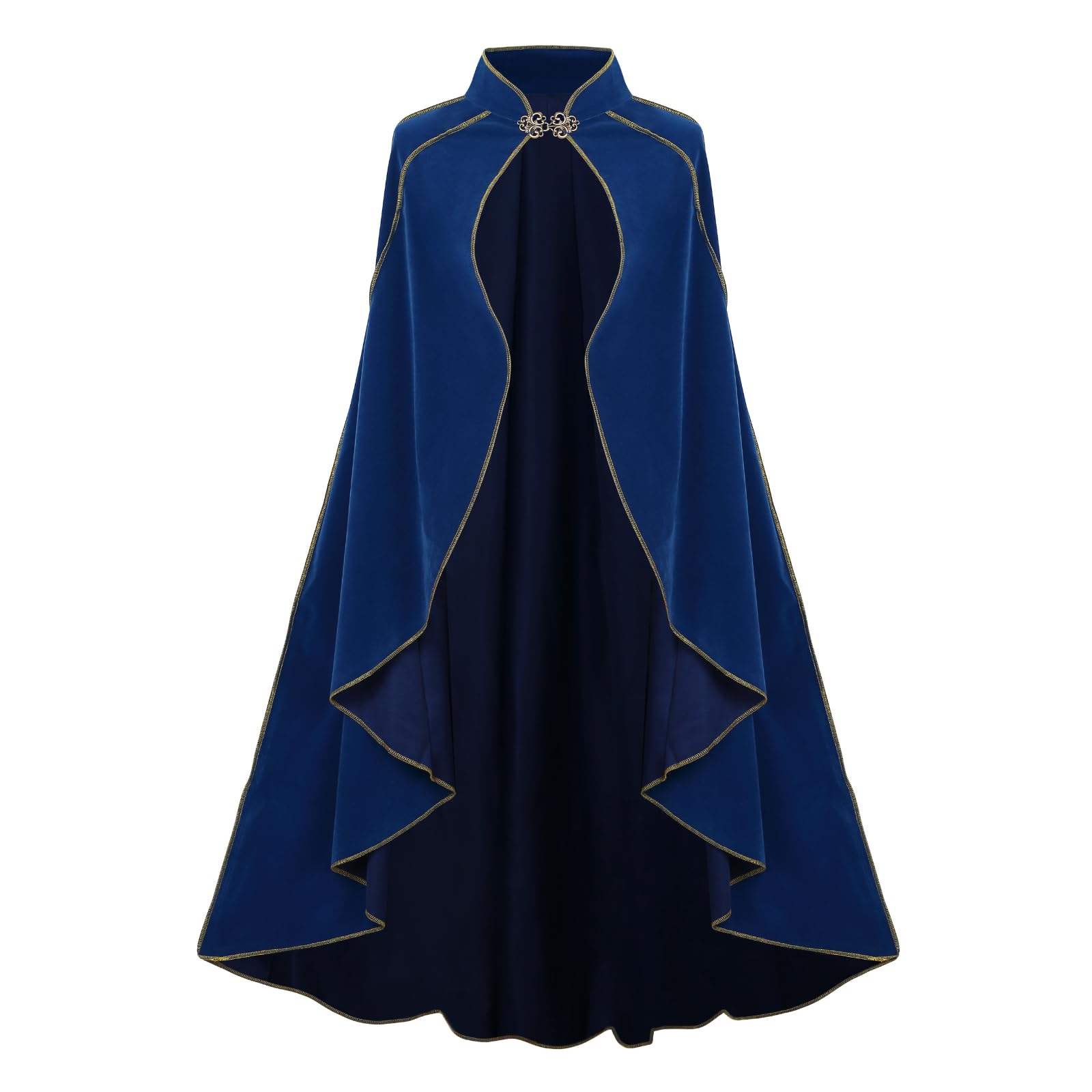 RRCBMD Womens Medieval Cloak Renaissance Victorian Deluxe Stand Collar Velvet Gold Trim Blue Cape for Adult Halloween Cosplay Dress Up 43.3Inch