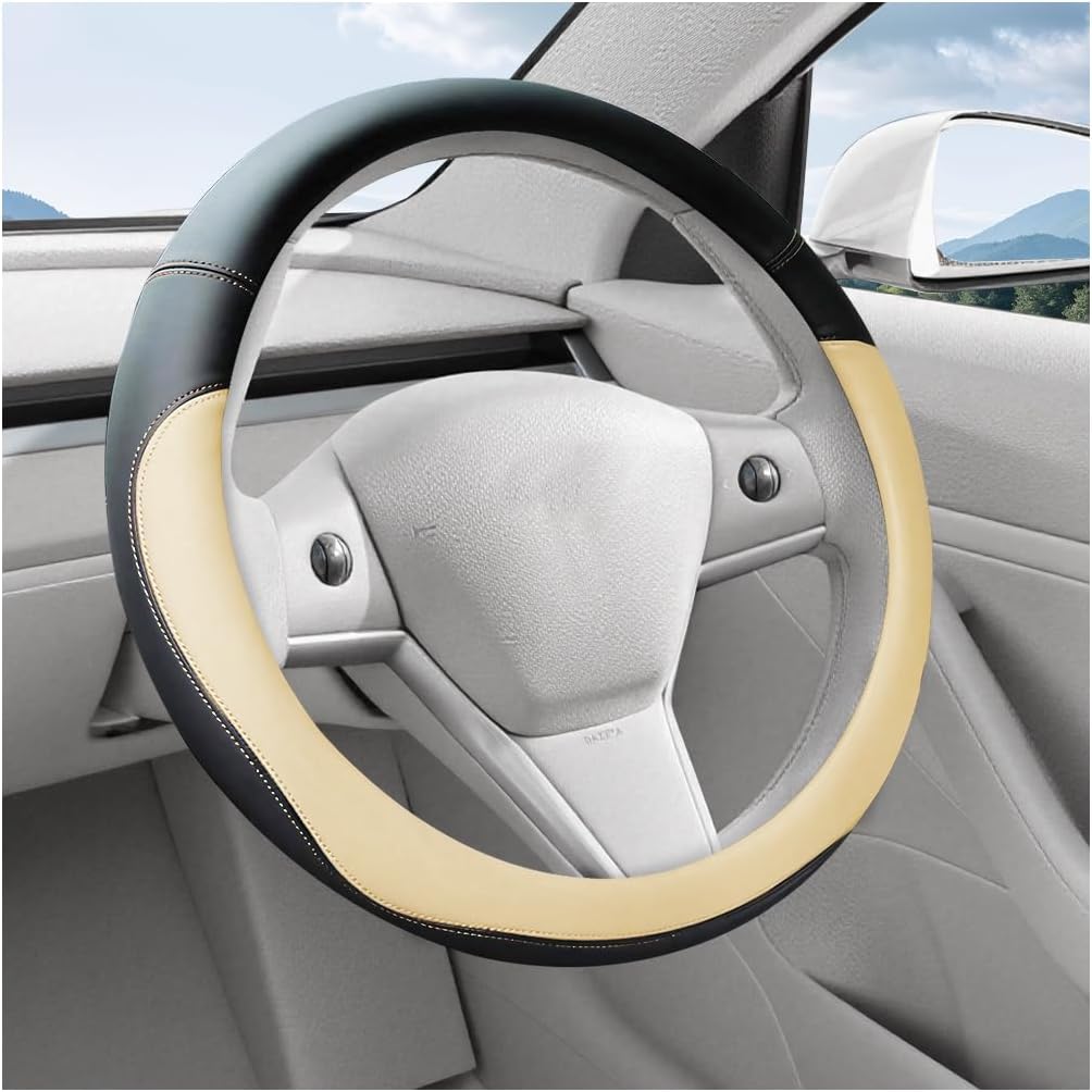 Car Steering Wheel Cover, 15 Inch Leather Anti-Slip Breathable Vehicle Steering Wheel Protecter with Comfortable Feel, Automotive Interior Accessories, Universal for SUV Sedan Truck (Beige)