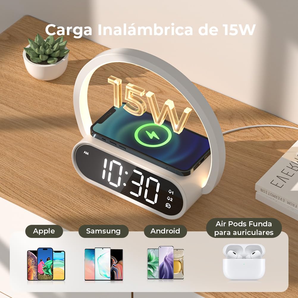 Despertador con Luz Nocturna Regulable 4 Niveles (Leer o Dormir) y 2 Alarmas, Carga Inalámbrica para iPhone/Samsung, Puerto USB, Reloj 3 en 1 para Adultos, Habitación, Oficina o Niños