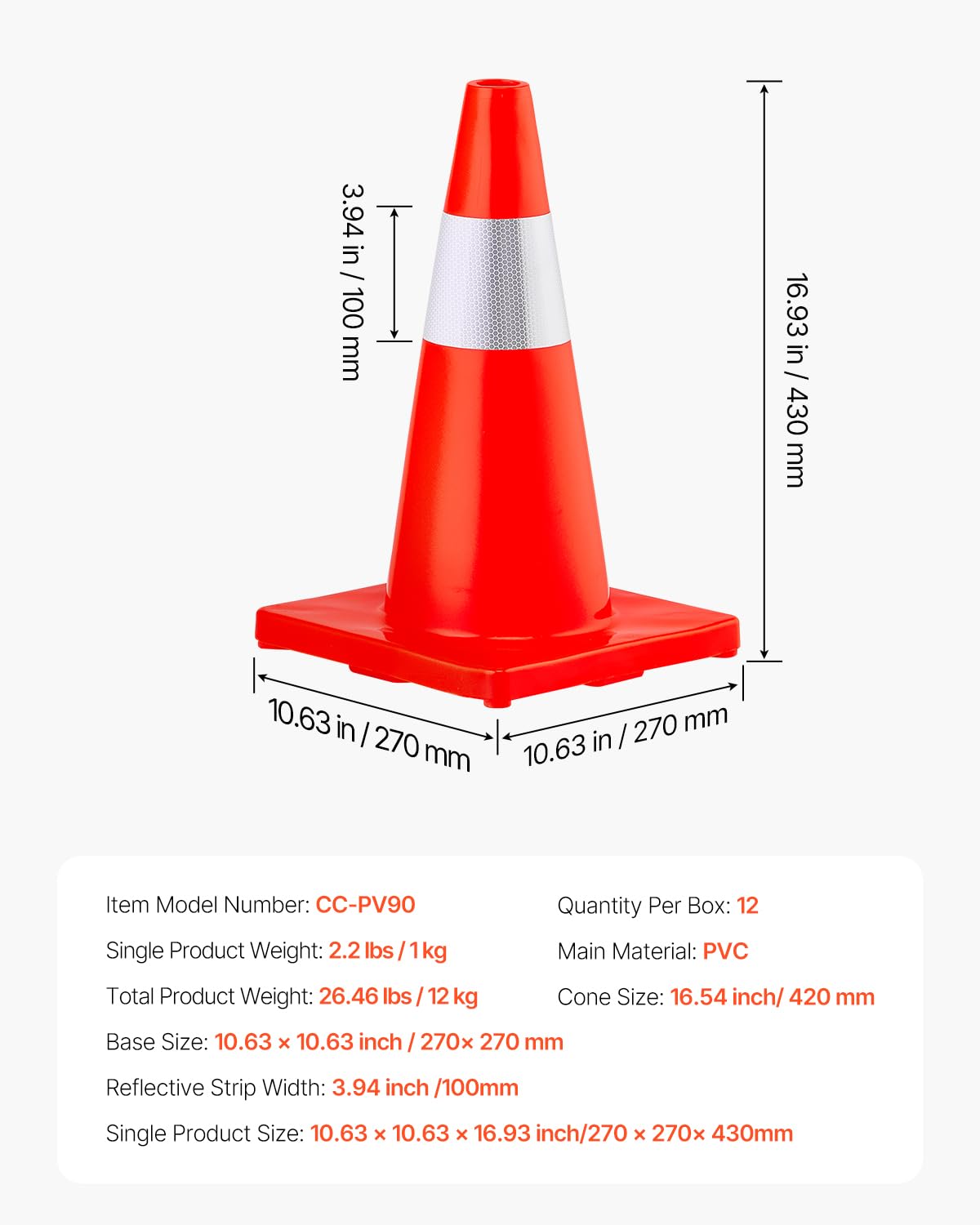 VEVOR Cono de Tráfico 12 Piezas 45,7 cm Pedestal de Obra de PVC Cono de Seguridad con Base Pesada y Collar Reflectante para Demarcación de Estacionamiento de Emergencia en Estacionamiento Carretera