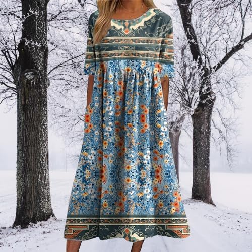 Boho Dress for Women Floral Print Short Sleeve Crewneck Plus Size High Waist Smocked Flowy Swing Ruffle Dress - Image 4