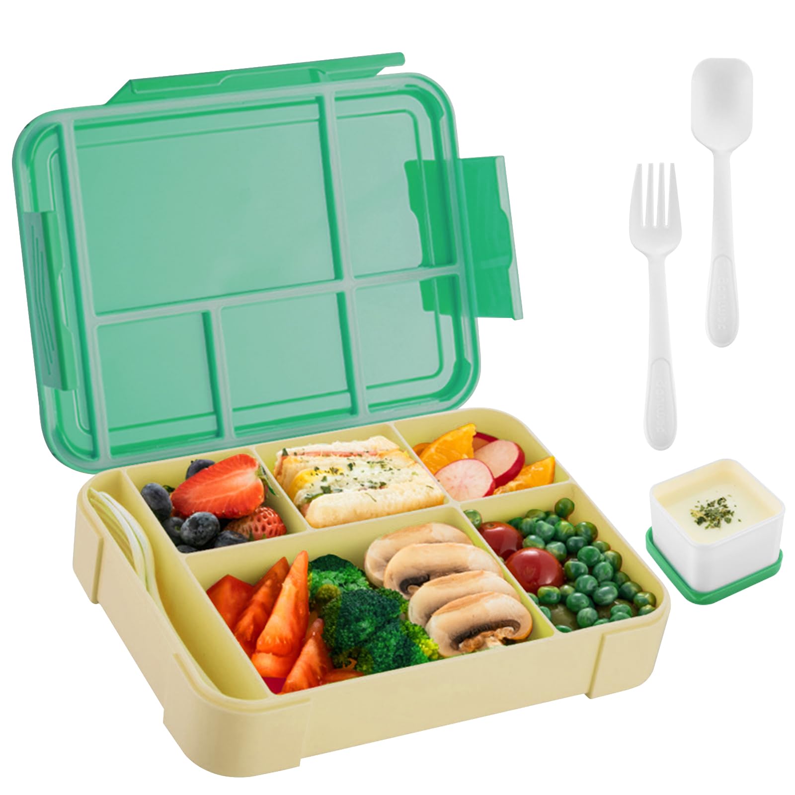 Bento Lunch Box for Kids & Adults - Lunch Container with Sauce Jar, Spoon & Fork 5-Compartment, Leakproof Lunchbox Microwave and Dishwasher Safe BPA-Free with Dividers for Adults Kids(Green) - Green