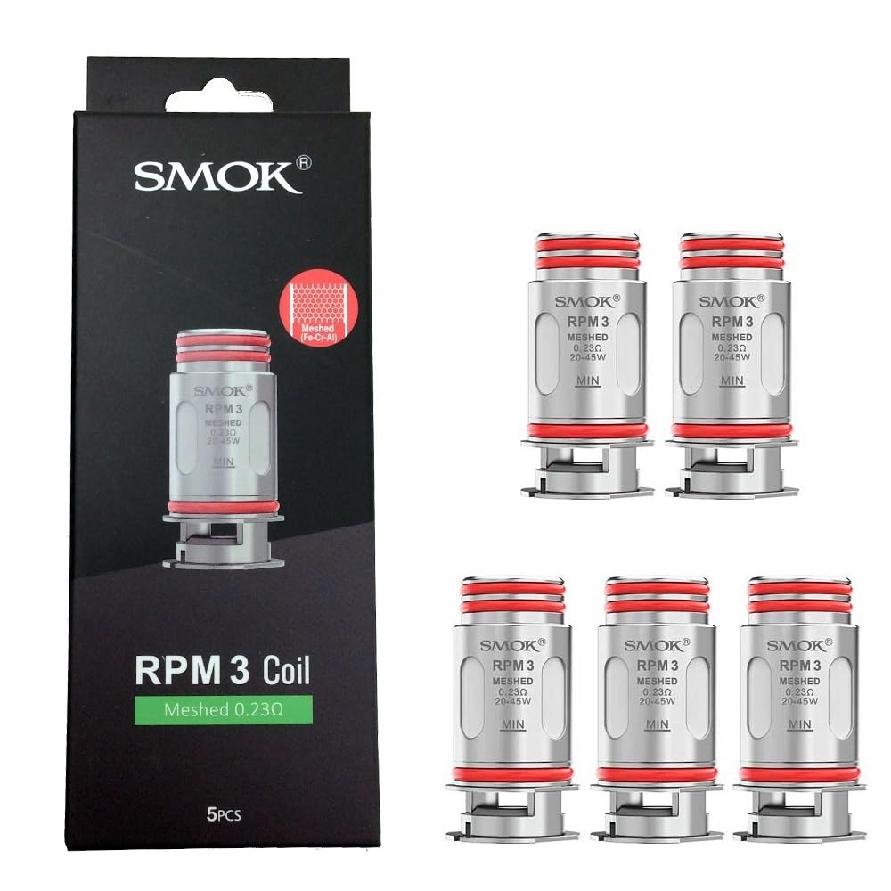 RPM 3 Meshed Replacement Coils, 0.23 Ohm, Enhanced Flavor and Vapor Production, Works With RPM5, RPM85, RPM100, SMOK Vaping Coils, Pack of 5, No Nicotine