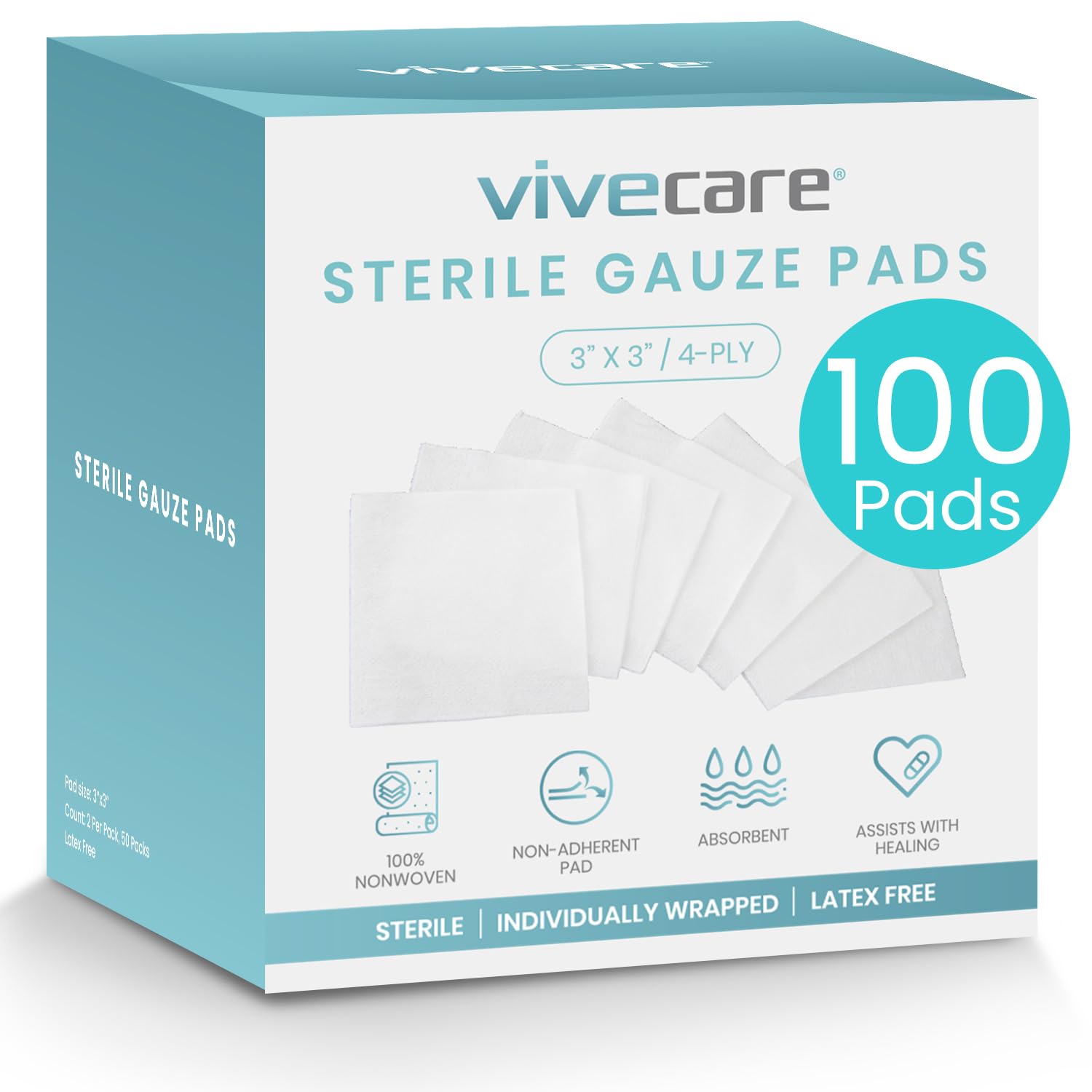 Vive Care3x3 Sterile Gauze Pads (100pc) - Individually Wrapped 2-Pack Wound Dressing for Cleaning & Cushioning - Non-Adhesive Highly Absorbent Bandages - Soft Sponge Pads, First Aid Kit, Wound