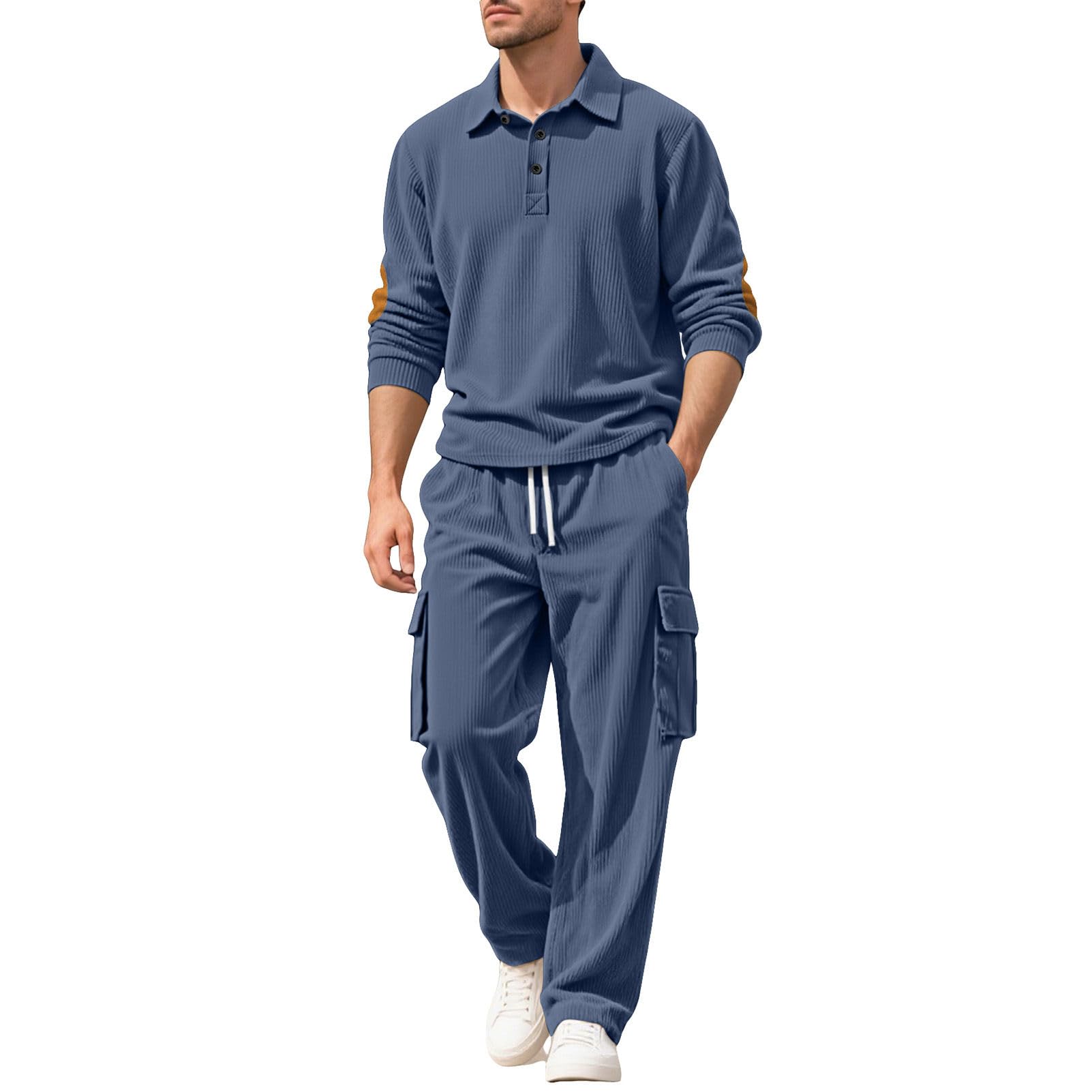 Uomo Tute da Ginnastica Maniche Lunghe Polo Camicie & Cargo Pantaloni Set di 2 pezzi Casual Sport Outfits