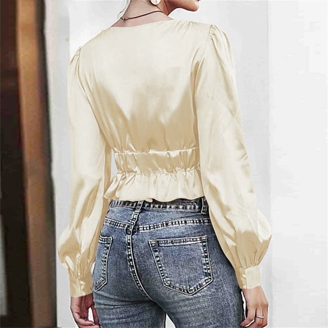 Femmes Soie Satin à Volants Chemise été bouffée à Manches Longues col en V Tuniques décontracté Ample plissé Blouses Black L