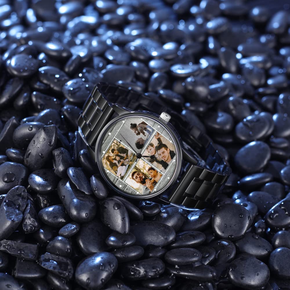 lorajewel Reloj de Hombres Personalizado Nombre Fecha Foto,Cronógrafo Deportivo de Cuarzo Moda Negocio Impermeable Relojes de Pulsera Acero Inoxidable Negro para el día del Padre