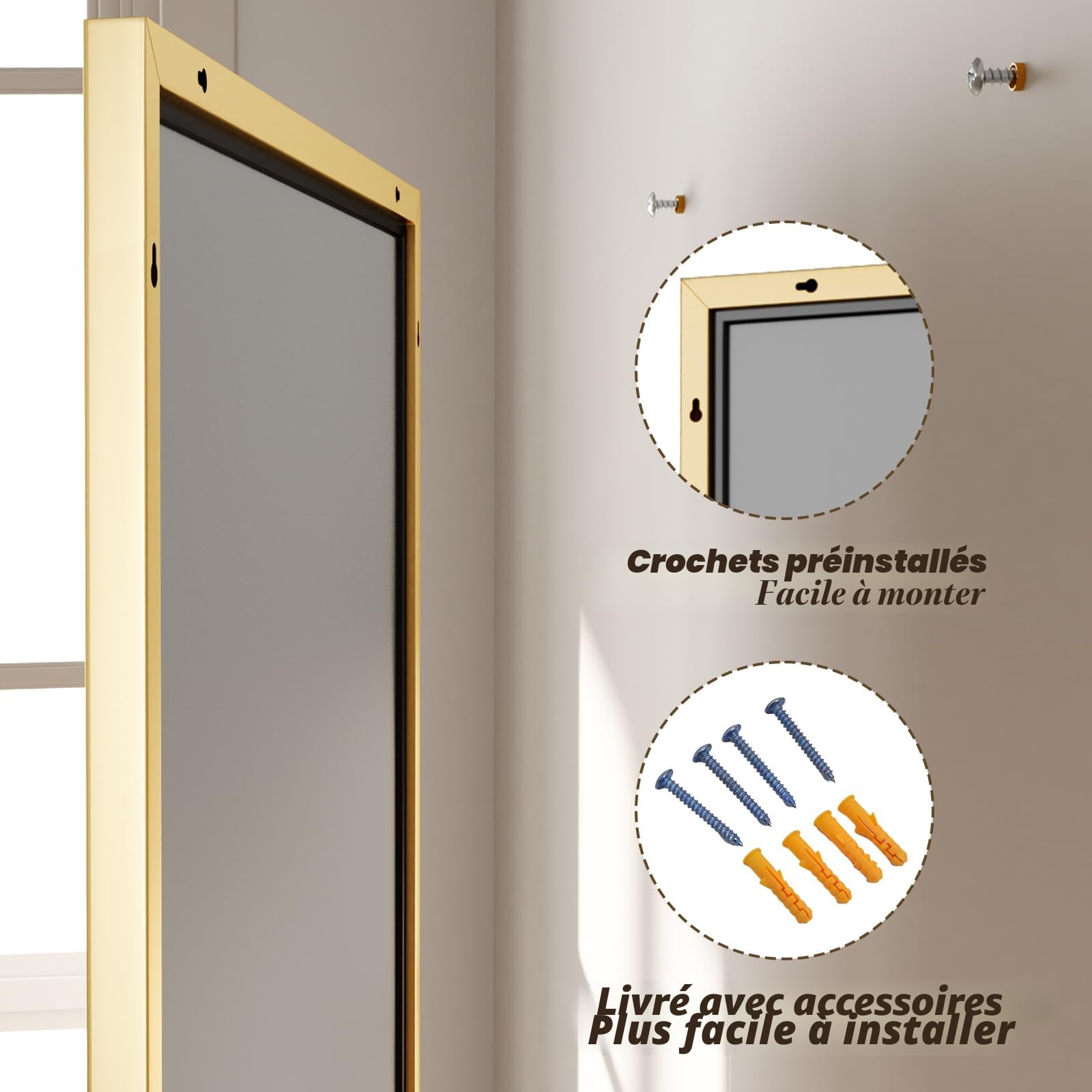 BEAUTYPEAK Miroir mural rectangulaire 120 x 75 cm cadre aluminium doré, incassable pour salle de bain, chambre à coucher, salon