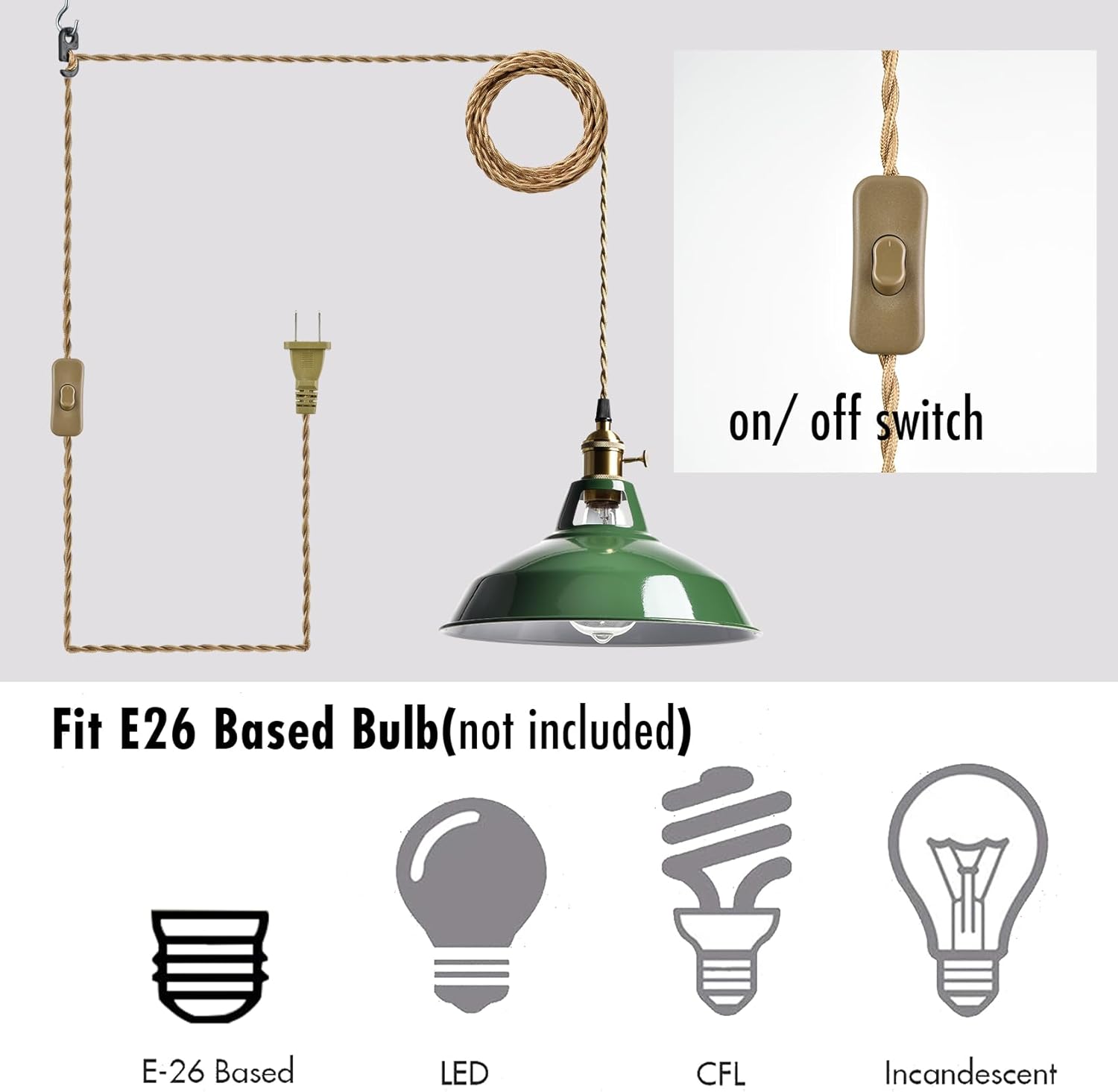 YUBOLE Modern Green Plug-in Pendant Light,Macarons Kitchen Hanging Swag Lighting, Metal Barn Shade with On-Off Switch Plug Cord Light for Bedroom Foyer Dining Bar