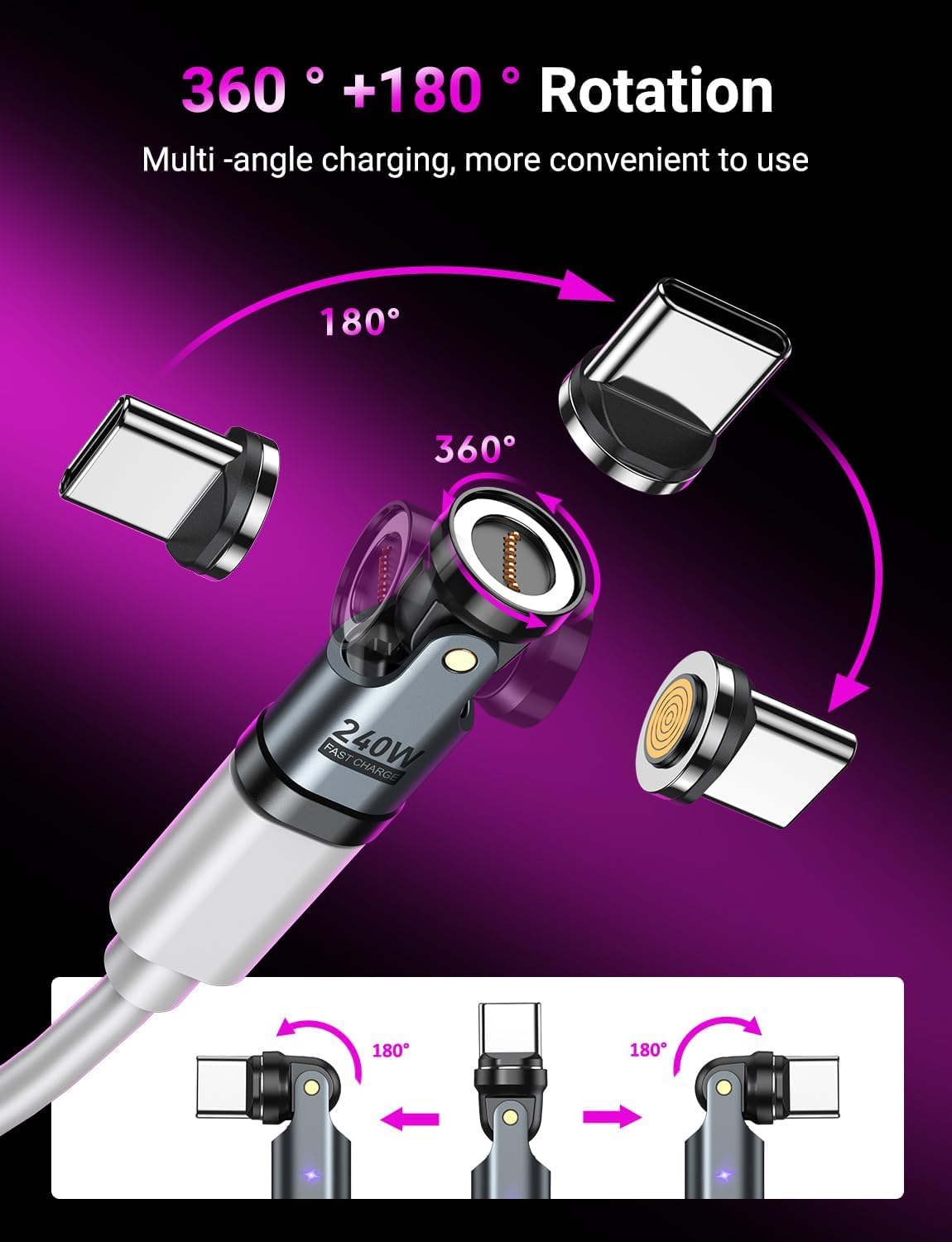 VAFOTON Adattatore Magnetico USB C 240W, Adattatore Magnetico USB C a 9 Pin (Confezione da 2), Rotazione di 540°, Supporta PD 240W 5A Ricarica Rapida, Trasferimento Dati, per MaBook Pro/Laptop