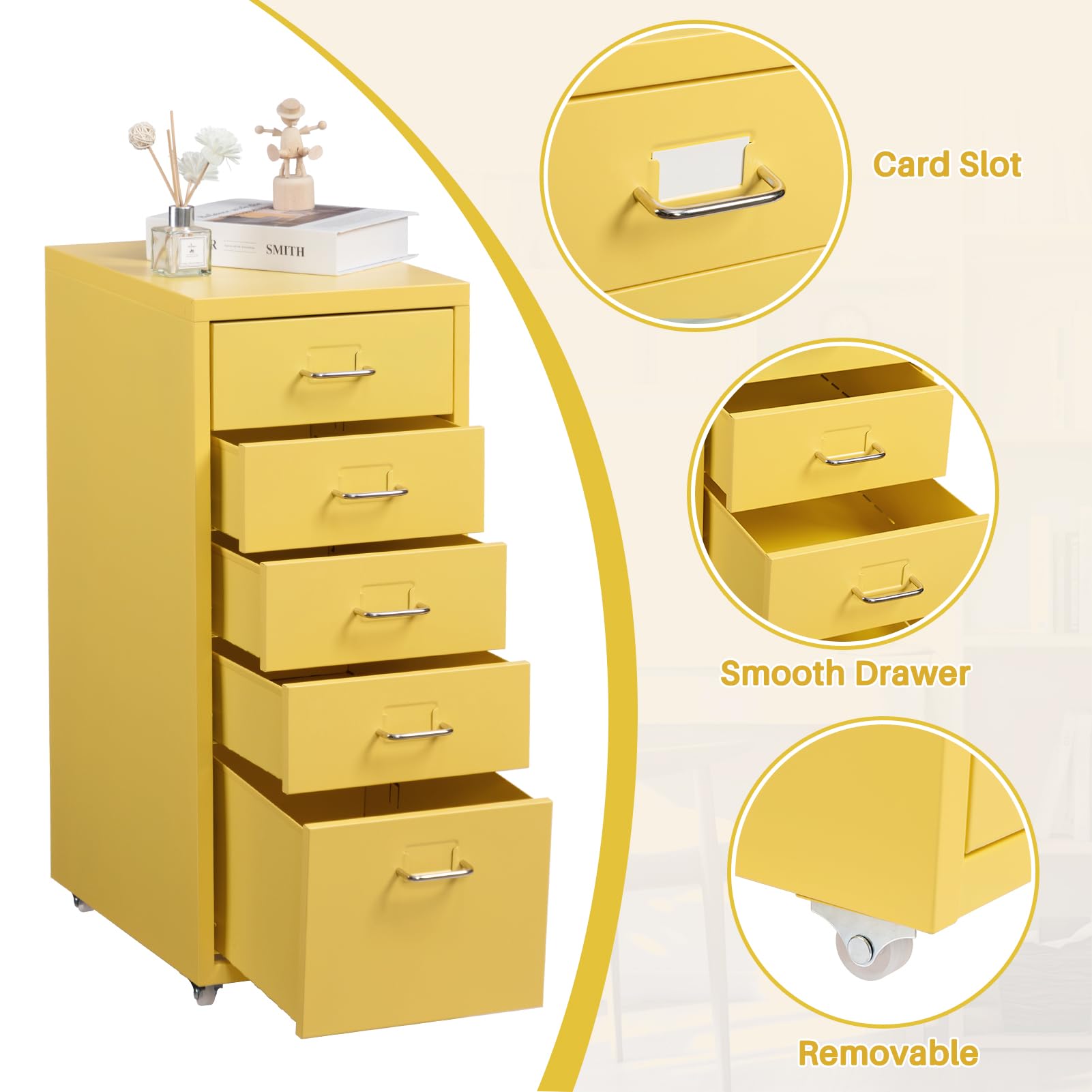 HollyHOME Archivador móvil de 5 cajones, organizador de archivos con ruedas, gabinete de almacenamiento de metal con ruedas para el hogar, la oficina y la escuela,amarillo claro