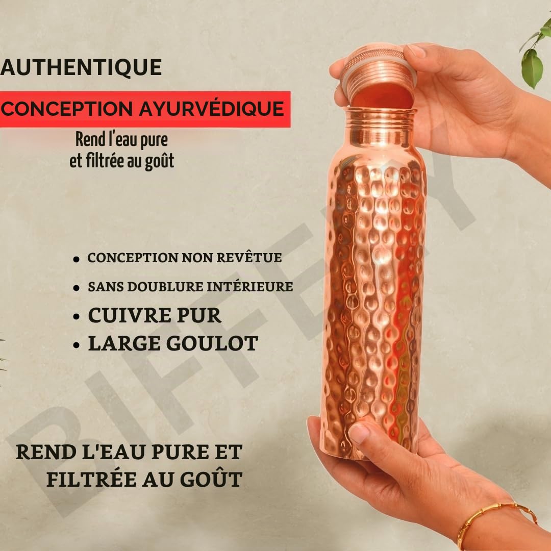 Bouteille d'eau en cuivre martelé massif 100% fabriquée à la main – Bouteille ayurvédique en cuivre ayurvédique pour homme et femme | Design à large ouverture | Couvercle robuste et anti-fuite de
