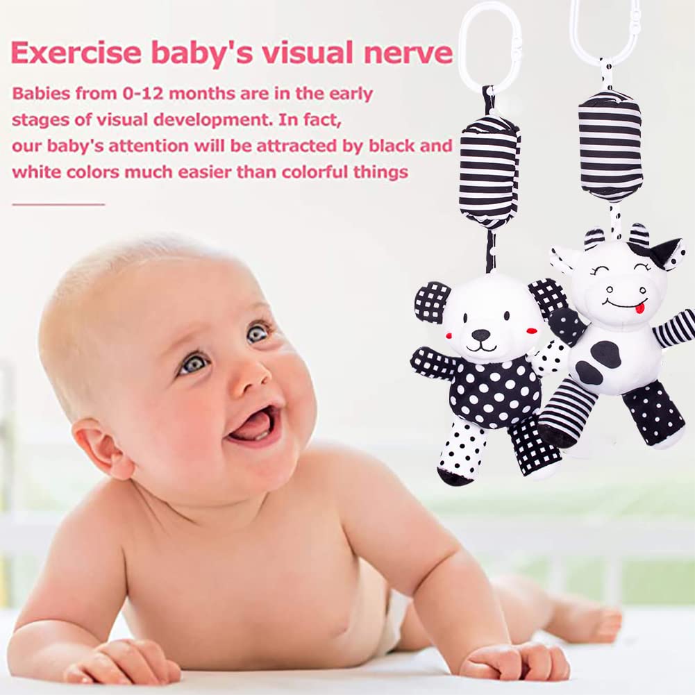 Juguetes de asiento de automóvil para bebé, juguete de cochecito blanco y negro, sonajero colgante para cuna móvil, juguete sensorial para recién nacido para 0 a 12 meses (ternero/panda) 4