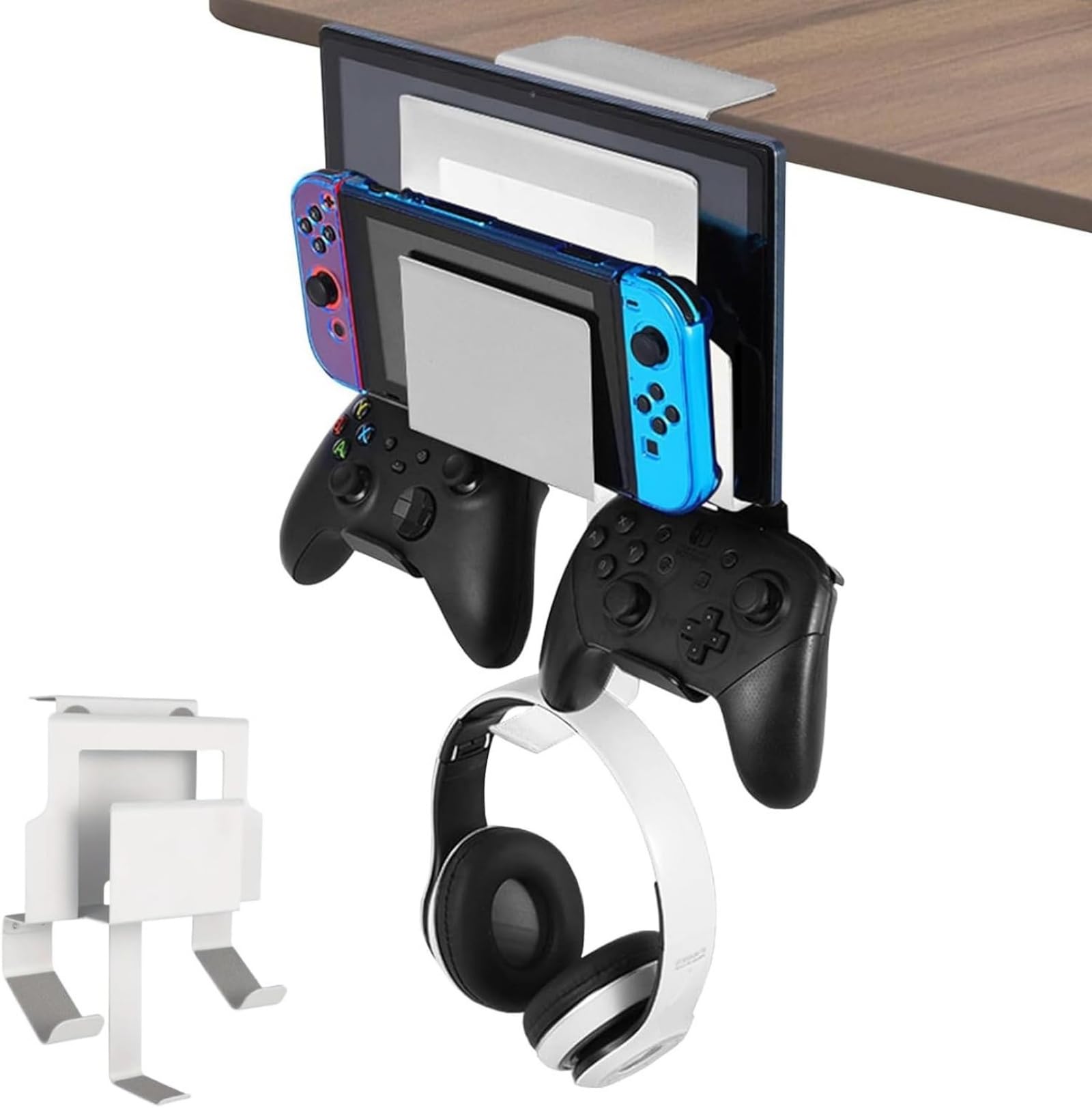 LUKETURE Under Desk Side Organizer, Steel Desk Side Storage, No Drill Laptop Mount Holder w/Headset Holder, Fits Flat Edge Tables Adjustable Clamp-on Laptop Stand for Home Office
