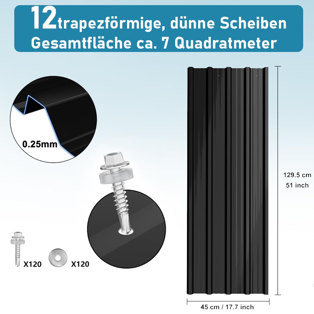 Trapezblech 12x Wellplatten Dach Profilblech 129cm x 45cm ca. 7 m², Wellblechplatten für Dach, Dachbleche Dachplatten Rostresistent Verzinkte Wellblech für Garage, carport (Schwarz)