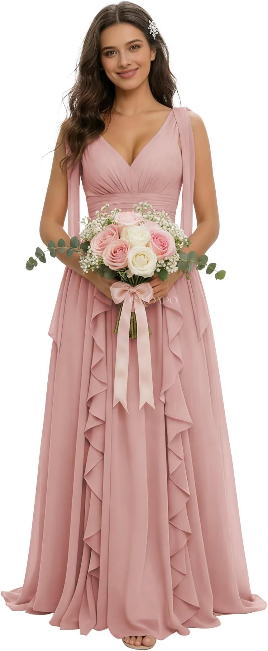 Ruffles Bridesmaid Dresses Long V Neck Chiffon Tie Shoulder Maxi Bridesmaid Dress Wedding Ruched Formal Evening