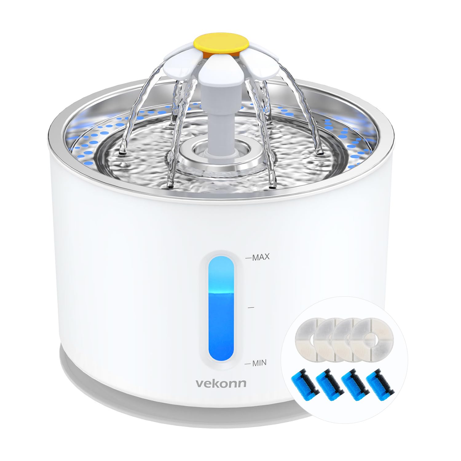 Vekonn Cat Water Fountain Stainless Steel Top with 4 Filters & 4 Sponges, 2.4L Pet Water Fountain for Small Dog and Cat with LED Light and Water Level