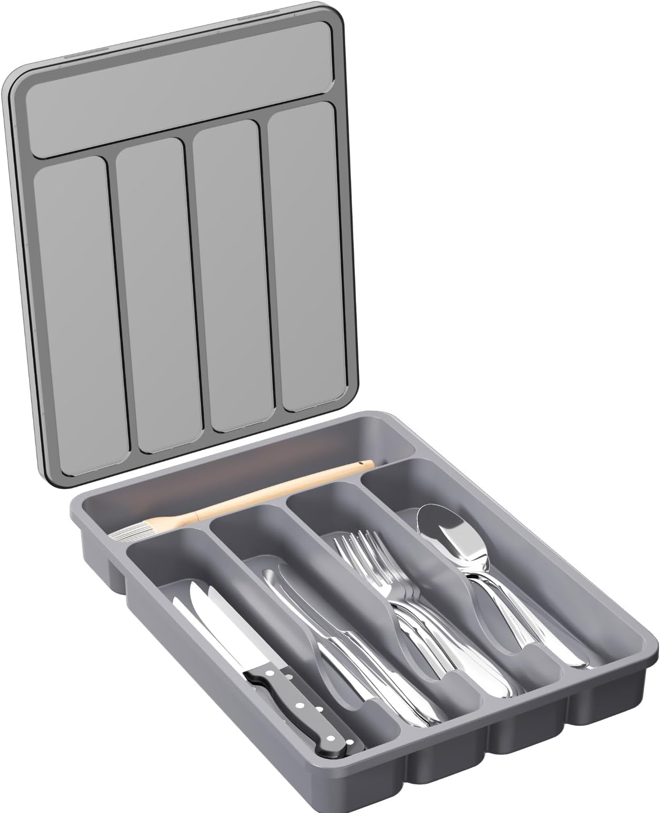 Lifewit Silverware Organizer with Lid, Covered Utensil Tray for Kitchen Drawer and Countertop, Plastic Cutlery and Flatware Storage Box for Spoons Forks Knives Holder Case, 23 x 32 cm, Gray