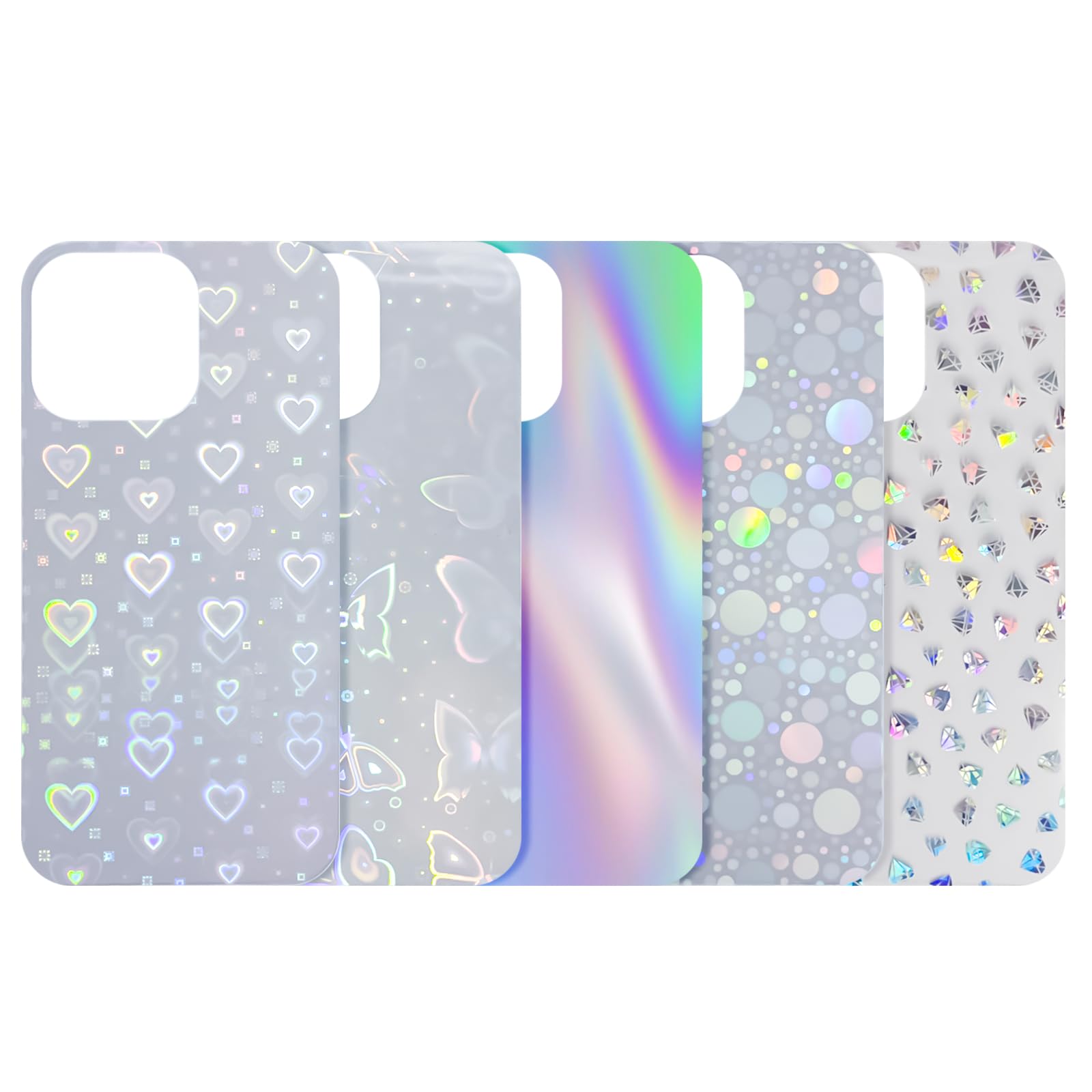 Jusnfu 5 Pcs DIY Decorative Cards for iPhone 12 Pro, 13 Pro, 14 Pro, 15 Pro Case -Iridescent, Dots, Hearts, Butterfly, Diamond - Glitter Insert Cards