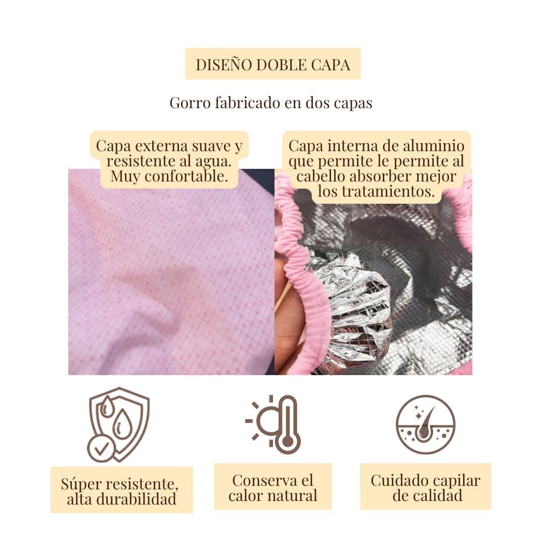 Gorro Térmico para Cabello de Tratamientos Hidratación Profunda o Tintes - Gorro 2 capas -Gorro de Papel de Aluminio- Gorro de Cuidado de Doble Capa Reutilizable-Rosa-(talla única-1 ud.) (1ud)