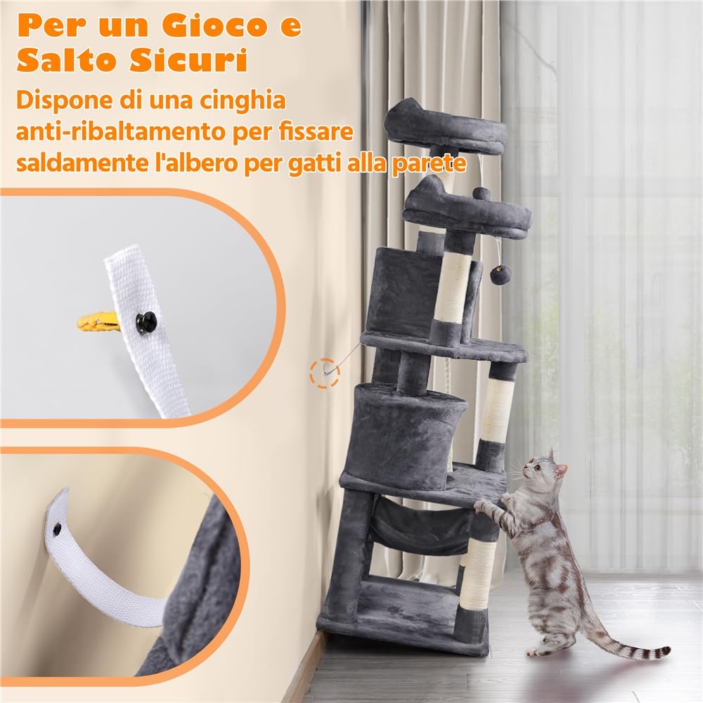 Yaheetech Albero Tiragraffi per Gatti Adulti Grandi Medi con Giocattolo Gioco Palle in Corda Sisal Naturale 61 x 49 x 158 cm Grigio Scuro