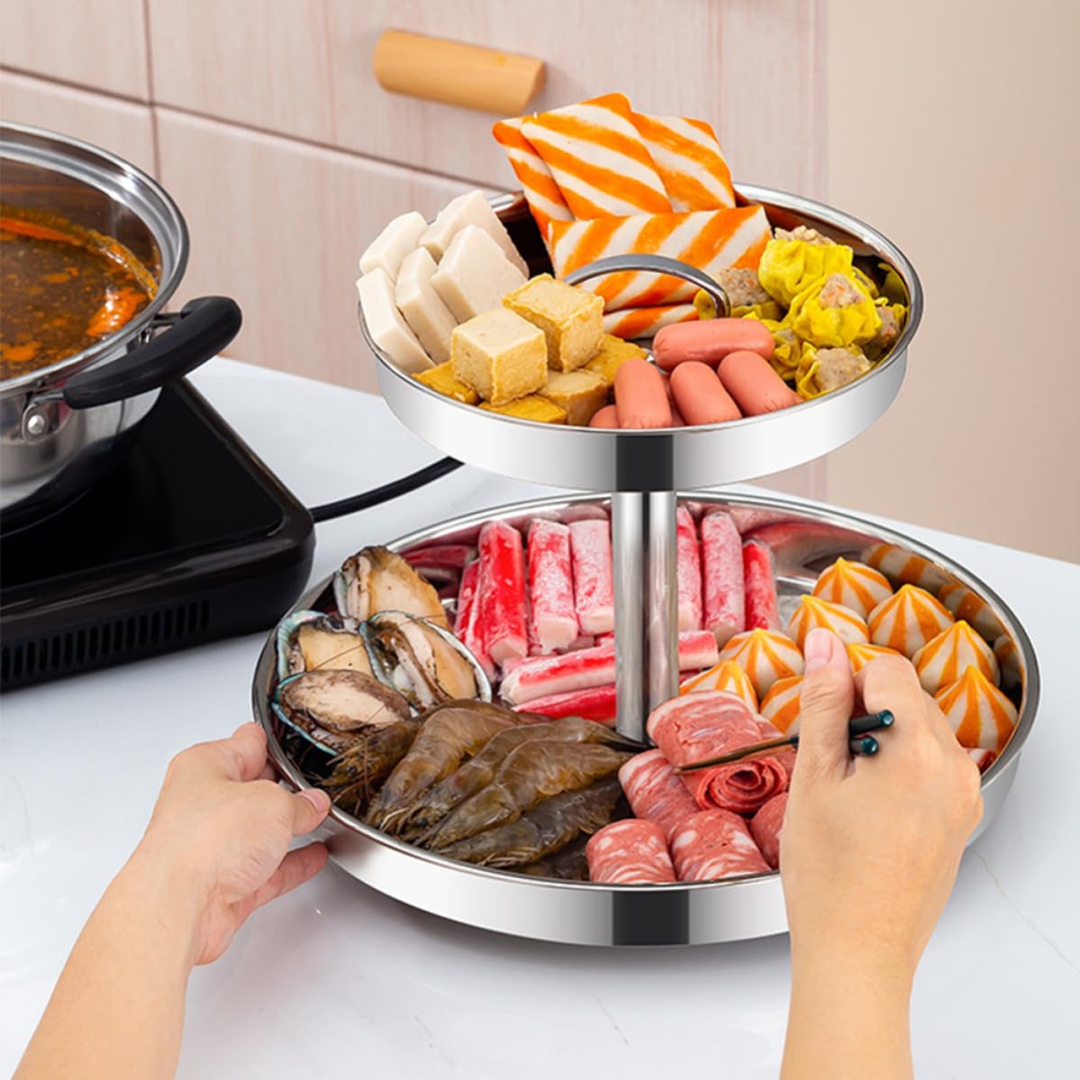 Operitacx Plateau à Gâteau en Métal Double Couche en Acier Inoxydable, Plateau Ménager Pratique et Portable pour Fruits et Légumes, Cuisine et Service
