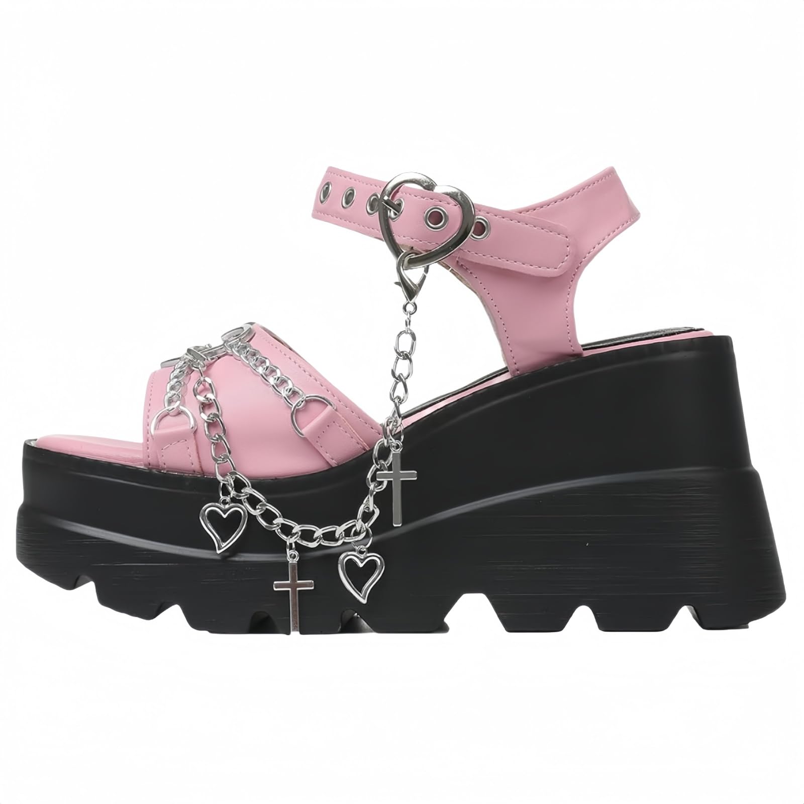 Sandales Punk Femme Clous Chaîne Araignée Crâne Étoile Brides Gothiques Plateforme Compensée Boucle Talon Épais Mules Bout Ouvert Vacances Été Plage Fête
