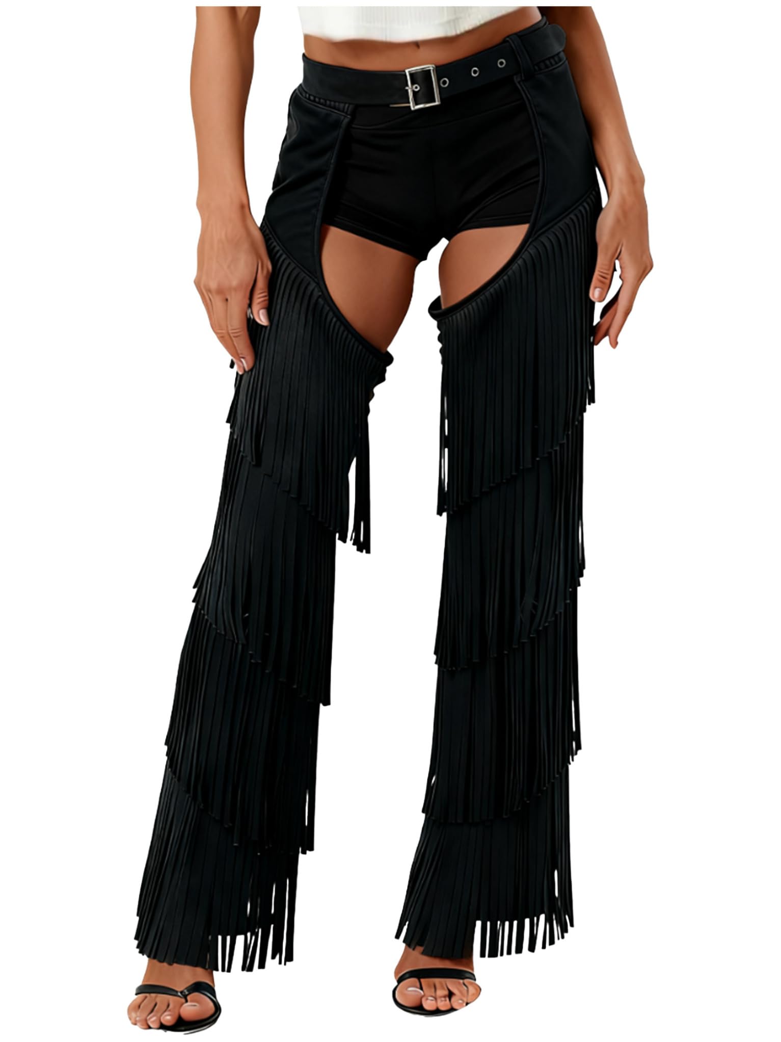 Zaldita Women's Tassels Cowboy Chaps Cowgirls Fringe Hollow Out Chaps Trousers for Halloween Party Black M