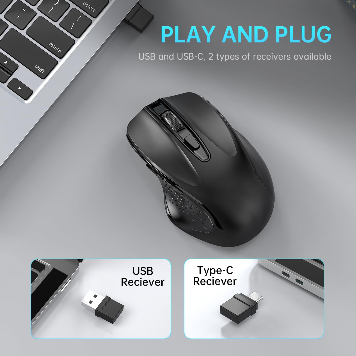 Qullqian Rechargeable Bluetooth Wireless Mouse for MacBook air/MacBook pro/Tablet/Mac/Laptop/Apple/pc/, Silent Slim Use Bluetooth 5.2/3.0 and 2.4GHz USB Type-C Receive - 4